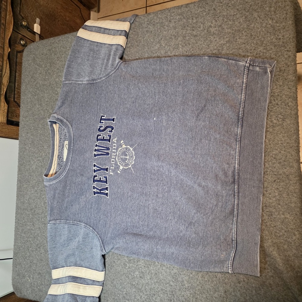 Vintage Key West Florida Crewneck Sweatshirt Gray Faded Varsity Stripes Size Lh2